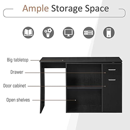 HOMCOM L Shaped Computer Desk 180° Rotating 47.25"x19.75"x 53.75", Black | Corner Desk, Storage Shelves, Drawer, Cabinet, Study Workstation, for Home Office