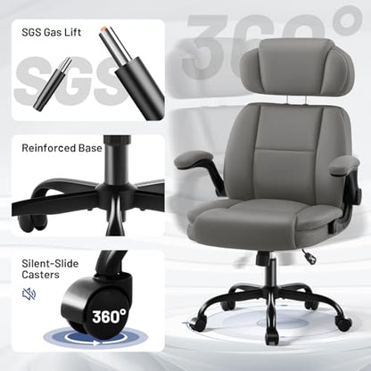 Ergonomic Office Chair with Lumbar Support, 400lbs Heavy Duty Big and Tall Executive Desk Chair, PU Leather High Back Computer Chair with Flip-Up Arms & Adjustable Headrest, Gray - color: Grey, size: Adjustable Headrest Office Chair