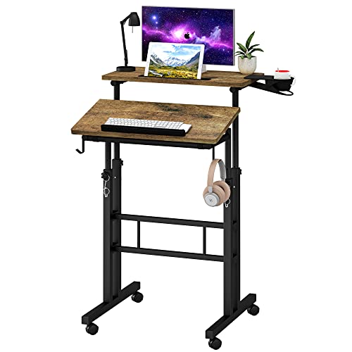 Klvied Small Standing Desk with Cup Holder, Height Adjustable Mobile Laptop Stand on Wheels, Ergonomic Rolling Computer Workstation for Home Office, Portable Overbed Table for Couch & Bed, Oak - color: Oak