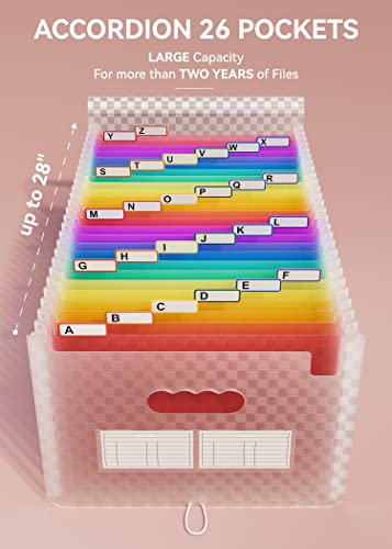 ABC life 26 Pockets Accordion File Organizer, Expanding File Folder, Pink | Portable Monthly Paper Bill Tax Receipt Organizer, Letter/A4 Size, Document Organizer with Labels, for School, Home, Office - color: Pink
