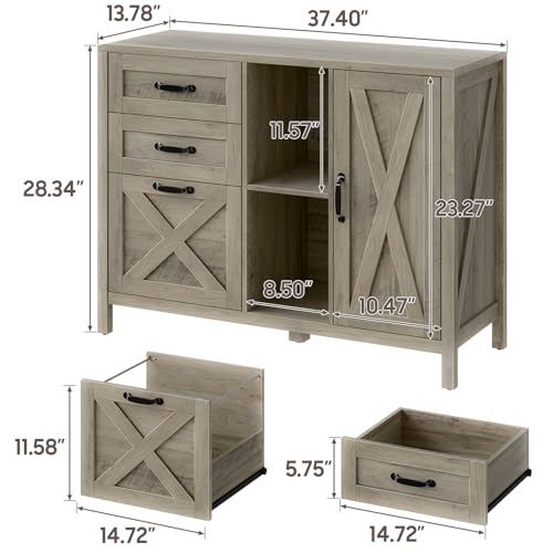Halitaa Farmhouse Lateral File Cabinet with 3 Drawers and Door, Grey - color: Rustic Grey, size: 28.34"H
