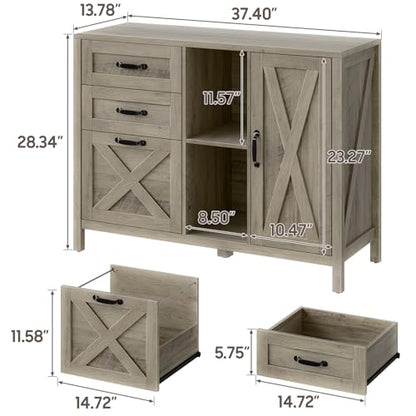 Halitaa Farmhouse Lateral File Cabinet with 3 Drawers and Door, Grey - color: Rustic Grey, size: 28.34"H