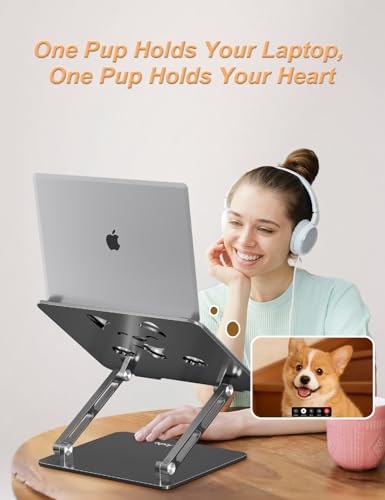 Aoviho Aluminum Laptop Stand for Desk Fit for All 10"-17.3" Laptops, Grey | Height-adjustable Notebook Holder, Ergonomic Computer Riser with Unique Puppy Cooling Vent, for Mac, Dell, Lenovo, HP - color: Gray