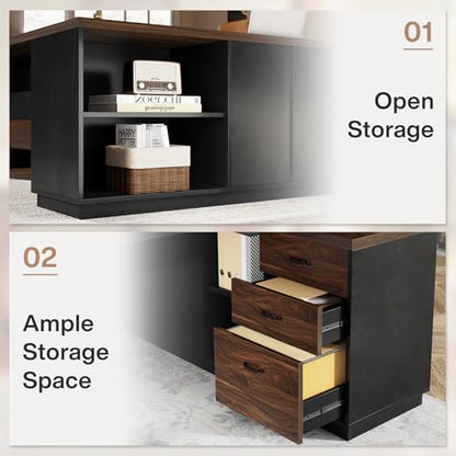 Tribesigns 78" L-Shaped Executive Desk, Large Office Desk with Drawers and File Cabinet, Modern Business Furniture for Home Office (Walnut & Black) - color: Walnut & Black
