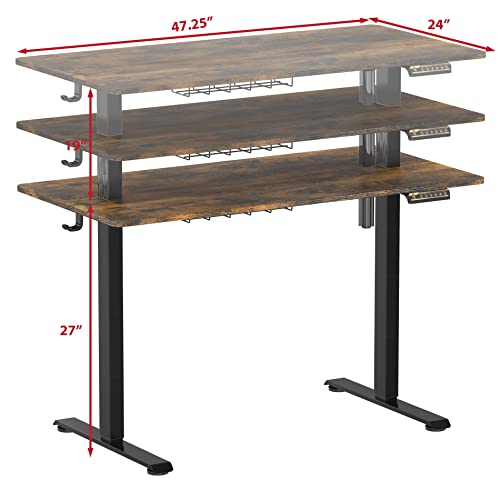 SHW 48-Inch Electric Height Adjustable Sit to Stand Desk, Rustic Brown | with Hanging Hooks and Cable Management, Black Frame and Rustic Brown Top - color: Rustic Brown, size: 48-Inch