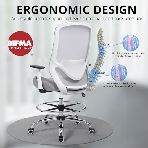 Drafting Office Chair Big and Tall 450lbs Heavy Duty for Standing Desk - color: Grey