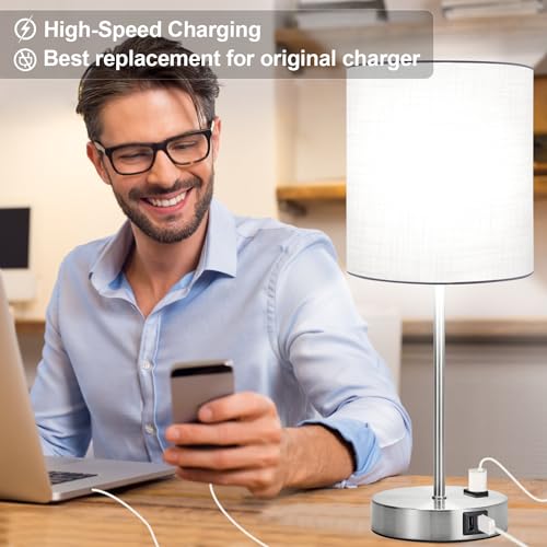 Lynnoland Set of 2 Touch White Table Lamps with 2 USB Ports & AC Outlet, 3-Way Dimmable Bedside Nightstand Lamps for Bedroom Living Room Nursery, 800 Lumens 5000K Daylight Bulbs Included - color: White & Brushed Nickel (Base) - 5000K