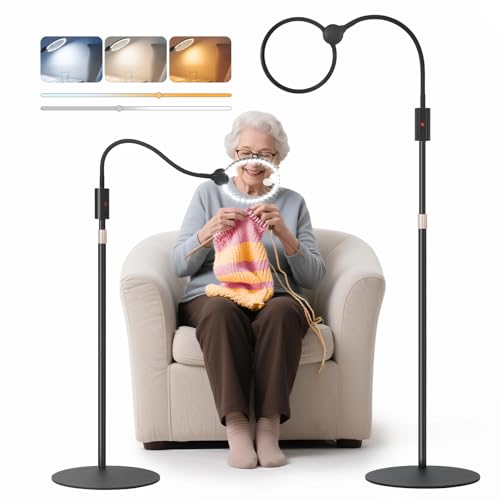 10X Floor Magnifying Glass with Light and Stand with Glass Lens, Magnifying Floor Lamp with Light Adjustable Height, 3 Color Modes, 360° Flexible Gooseneck Hands Free Magnifier for Close Work