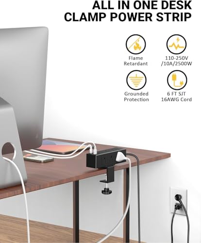 Desk Clamp Power Strip, Desktop Mount Charging Station with 9 Outlets 4 Smart USB Ports, 6.5Ft Under Desk Power Strip, Fits 1.6" Tabletop Edge, Extension Cord for Home Office, Black