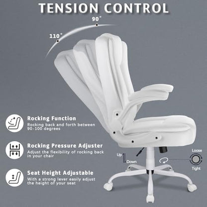 LEMBERI Flip-up Arms Office Desk Chair, Big and Tall Managerial Executive Chair, High Back Computer Chair, Ergonomic Adjustable Height PU Leather Chairs with Cushions Armrest for Long Time Sitting - color: New White
