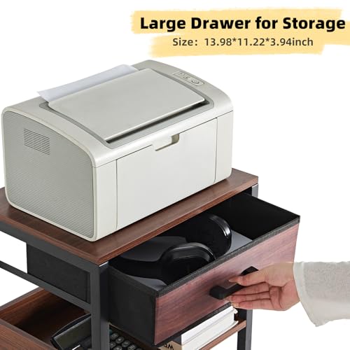 Lerliuo Printer Stand with Storage, 3-Tier Printer Table, Walnut | Fixed-leg three-tier printer stand with fabric drawer and two shelves for paper, ink, office supplies and compact scanners - color: Walnut