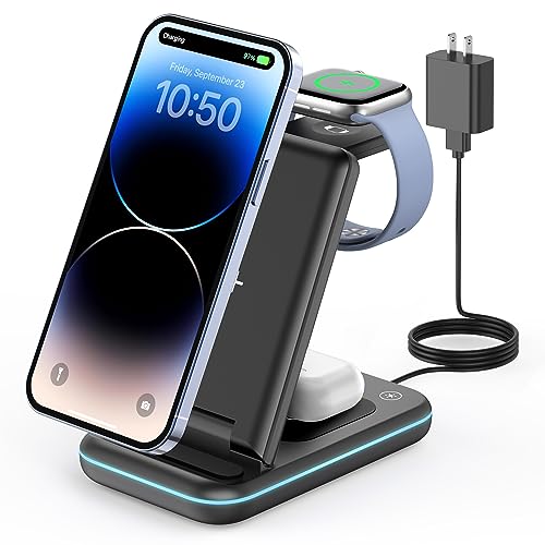 GEEKERA 3-in-1 Wireless Charging Station for iPhone, Watch & AirPods | Wireless Charger Stand for iPhone 8-17, Apple Watch 2-11, AirPods Pro/4/3/2, Charging Dock for Office or Nightstand - color: Black