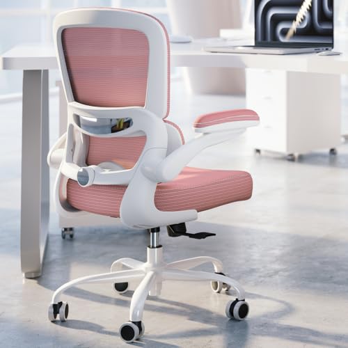 TRALT Ergonomic Office Chair Desk Chair with Adjustable Lumbar Support | Desk Chair Comfy with Flip-up Armrests Ergonomic Chair - Mesh Computer Chairs for Adults, 330lbs, PU Leather (Pink, 1) - color: Pink, size: Pack of 1