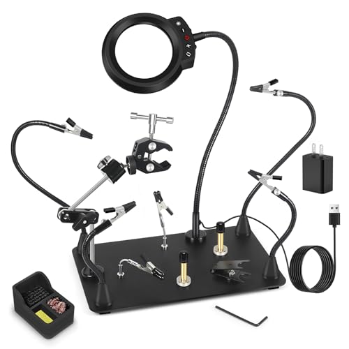 Magnetic Helping Hands Soldering Station with 5X LED Magnifying Lamp, 6 Flexible Arms, 360° Soldering Clamp, Heavy Duty Base, Magnetic Third Hand Tool for Precision Soldering, Electronics & DIY
