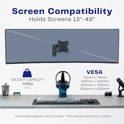 VIVO Black Single Ultrawide Wall Mount, Up to 49 in Screens, MOUNT-VW06 - color: Black, size: 75x75mm to 200x200mm VESA