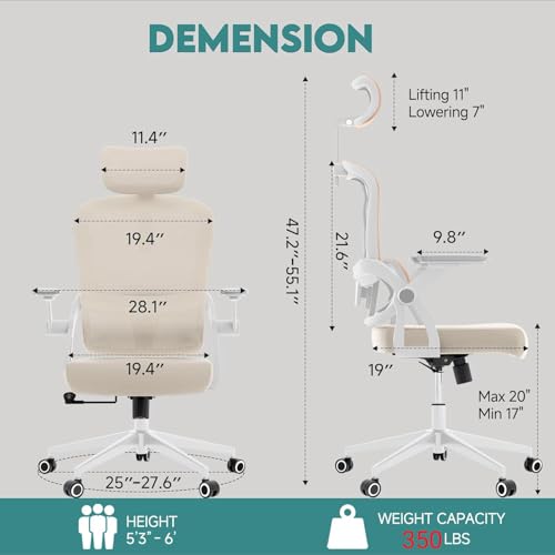 Monhey Ergonomic Office Chair, 90°-125° Tilt Back Home Desk Chair with 360° Swivel & Mute Wheels, High Back Mesh Computer Chair for Adults with Lumbar Support, 330 LBS Capacity (05Khaki) - color: 05khaki