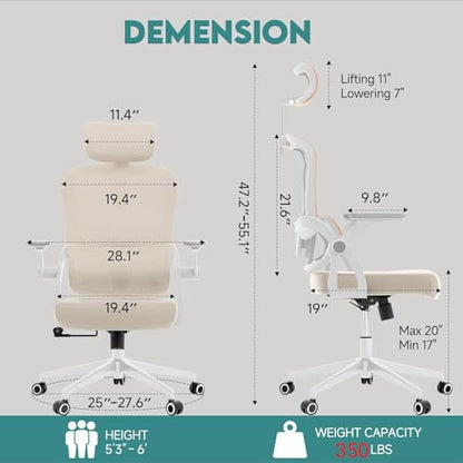 Monhey Ergonomic Office Chair, 90°-125° Tilt Back Home Desk Chair with 360° Swivel & Mute Wheels, High Back Mesh Computer Chair for Adults with Lumbar Support, 330 LBS Capacity (05Khaki) - color: 05khaki