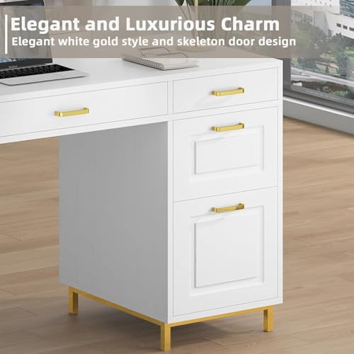MaverickFurni 57" White and Gold Desk with 7 Drawers | Home Office Desk with 2 File Drawers, White Computer Desk with Specious Workspace for Work Writing Study - color: White