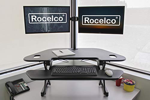 Rocelco 46" Height Adjustable Corner Standing Desk Converter with Dual Monitor Arm Bundle - Quick Sit Stand Up Computer Workstation Riser - Extra Large Keyboard Tray - Black (R CADRB-46-DM2) - color: Black, style: Riser + Dual Mount