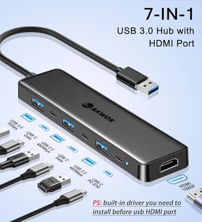 USB 3.0 to HDMI Adapter, USB 3.0 Hub with HDMI 1080P, USB-A&C Data & Power Ports, Docking Station Extender for Monitor, PC, Laptop, Desktop Support Windows 7/8/10 & Mac OS