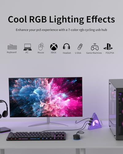 Deep Purple 7-Port USB 3.0 Hub, RGB Vertical Gaming USB Hub Tower with 5Gbps Data Transfer, 2FT Cable - USB Hub Splitter for PC, MacBook, Laptop, PS5, Flash Drives - color: Deep purple