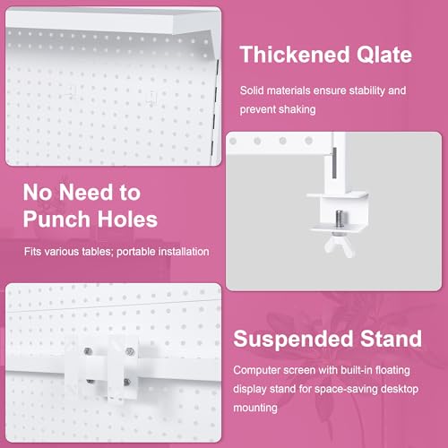 Clamp-On Metal Desk Pegboard with Dual Monitor Stand–No Drilling Needed! 59x35 Inch Steel Privacy Panel with Hooks & Movable Partition, Peg Board Wall Organizer for Gaming & Office - color: White