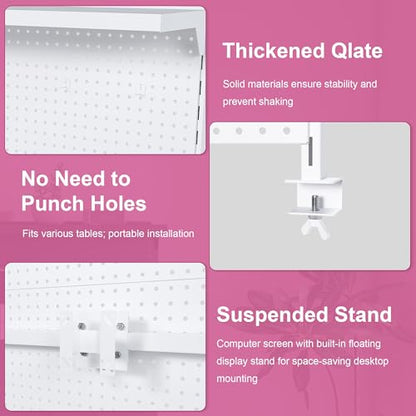 Clamp-On Metal Desk Pegboard with Dual Monitor Stand–No Drilling Needed! 59x35 Inch Steel Privacy Panel with Hooks & Movable Partition, Peg Board Wall Organizer for Gaming & Office - color: White
