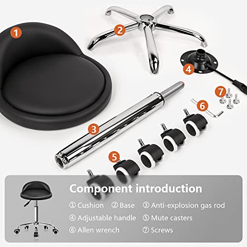 KKTONER PU Leather Round Rolling Stool with Back Rest Height Adjustable Swivel Drafting Work SPA Task Chair with Wheels Black - color: Black