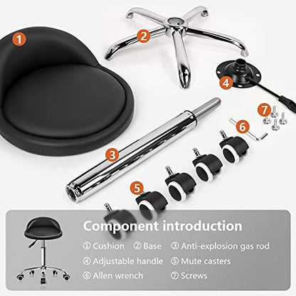KKTONER PU Leather Round Rolling Stool with Back Rest Height Adjustable Swivel Drafting Work SPA Task Chair with Wheels Black - color: Black
