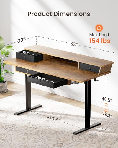 ErGear 63 X 30 Inch Electric Standing Desk with 4 Drawers, Height Adjustable Desk with Storage, C-Clamp Mount Compatible, Home Office Table with Cable Management Tray, Vintage Brown