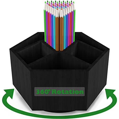 Colored Pen Pencil Holder Organizer for Desk with 7 Compartments | Bamboo Rotating Art Supply Organizer, Office Supplies Desktop Storage Caddy, Marker Holder Organizer Black - color: Black