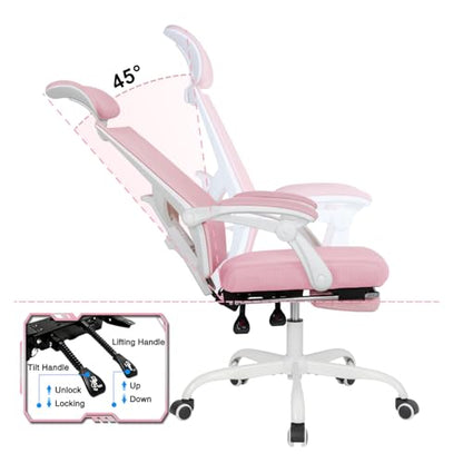 Qulomvs Mesh Ergonomic Office Chair with Footrest Home Office Desk Chair with Headrest and Backrest Adjustable Computer Executive Desk Chair with Wheels 360 Swivel Task Chair - color: Pink With Footrest 2