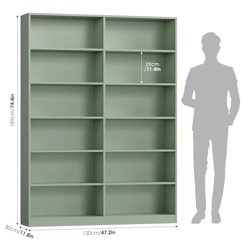 FACBOTALL Bookshelf Tall Bookcase, 6-Tier Double Wide Bookshelves, Green - color: Green