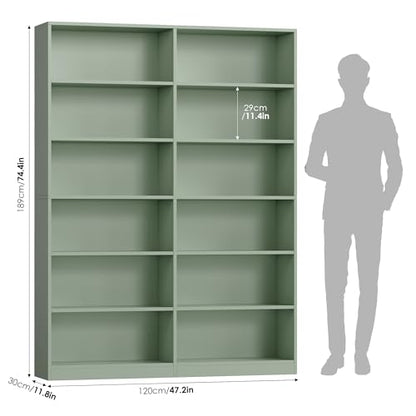 FACBOTALL Bookshelf Tall Bookcase, 6-Tier Double Wide Bookshelves, Green - color: Green