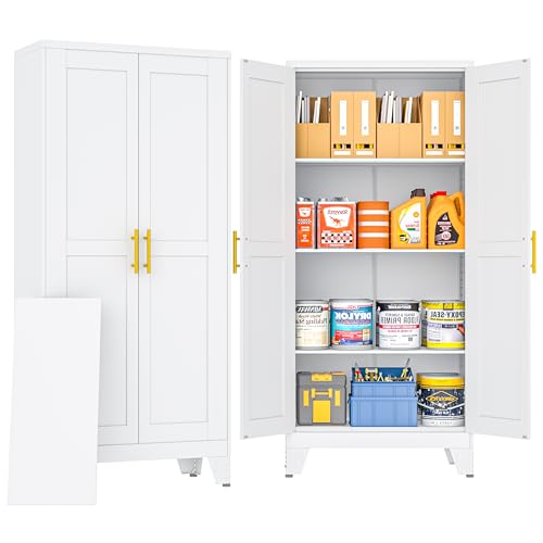 PAOFIN 61" Metal Storage Cabinet with 2 Doors and 3 Adjustable Shelves,White Metal Garage Storage Cabinets, File Cabinet,Steel Tool Cabinets for Home,Office,Garage,School,Warehouse - color: White, size: 61"-A