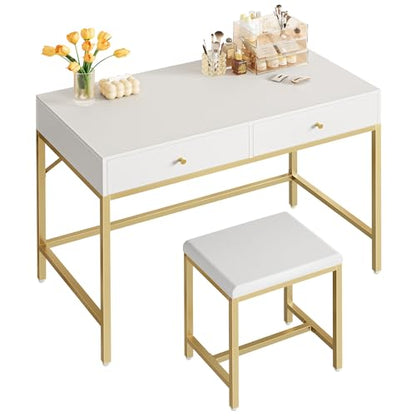 SUPERJARE 35.4" White and Gold Desk with 2 Drawers, Modern Makeup Vanity - color: Gold and White, size: 35.4 inch