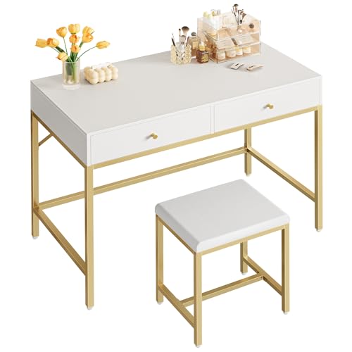 SUPERJARE 35.4" White and Gold Desk with 2 Drawers, Modern Makeup Vanity - color: Gold and White, size: 35.4 inch