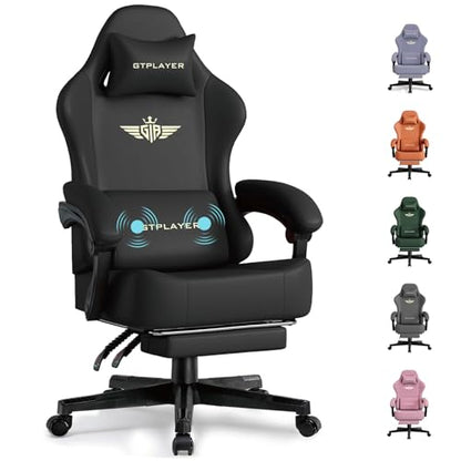 GTPLAYER Gaming Chair with Pocket Spring Cushion, Big and Tall Gamings Chairs 350LBS High Back Computer Chair with Footrest for Adults Lumbar Support Swivel Game Chair for Office,Leather Black-Massage - color: Black With Massage