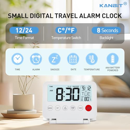 KANBIT Small Digital Travel Alarm Clock, Large LCD Display Front Button with Date & Temperature, Snooze and 8 Seconds Backlight AAA Battery Operated Desk Clock for Home & Office, White - color: White