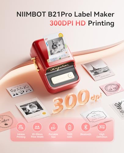 NIIMBOT Label Maker, B21 Pro 300DPI HD Sticker Printer for Photos, Red | Red&Black Dual-Color Printer, Bluetooth Sticker Maker for Notes, Study Graphics, Memo Maker, Come with 2'' x 1.2'' Label Roll - color: Red