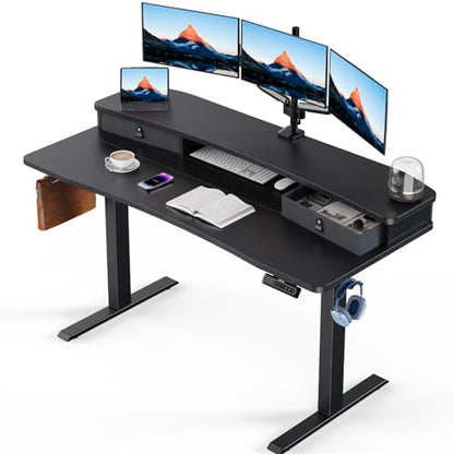 HUANUO 55″ x 26″ Electric Standing Desk with 2 Drawers, C-Clamp Mount Compatible, Height Adjustable Computer Desk, Home Office Stand Up Desk with 4 Preset Heights & 2 Hooks, Black - color: Black, size: 55" X 26"