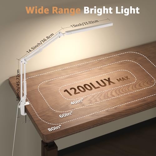 Upgrade Swing Arm LED Desk Lamp with Clamp, 80 LED Beads, 5 Color Modes & 11 Brightness Levels, 360° Adjustable Arm, Eye-Caring Light CRI95, Timer & Memory Function, for Office, Study, Crafting - color: Clip-White