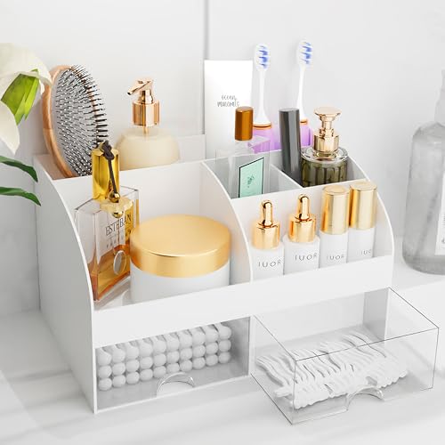 Makeup Organizer with Drawers, Cosmetic Storage for Dresser Vanity and Bathroom Countertop, Beauty Holder for Lipstick Brush, Skincare Organizer for Vanity, Cosmetic Display Case (White) - color: White