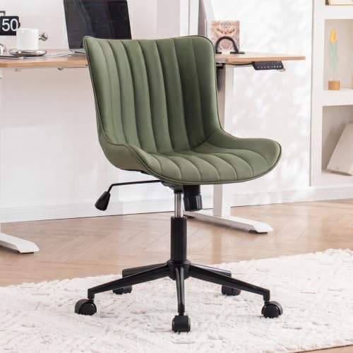 YOUNIKE Office Desk Chair with Wheels Armless Vanity Chair Modern Tan | Faux Leather Upholstered with Rocking Back, Swivel Height Adjustable Small Cute Computer Rolling Task Chair Ergonomic 300lb - color: Olive Green, size: Base Black