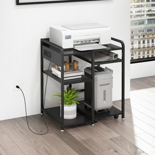 3-Tier Printer Stand with Storage Shelf and Power Outlet for Home Office - color: Black