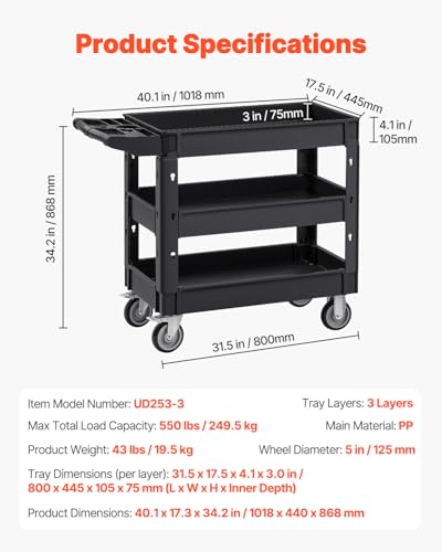 VEVOR Utility Cart, 3-Tier Plastic Service Cart with 550LBS Capacity, 360° Swivel Casters (Including 2 Locking Wheels), Medium Lipped Shelves, Ergonomic Handle, for Garage, Warehouse, Cleaning Tasks