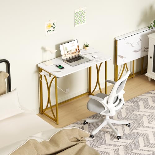 Folding Desk, 31.5" Small Desk for Bedroom with Power Outlet, Space Saving Foldable Computer Desk for Home Office, Easy Assembly, White and Gold - size: medium size02