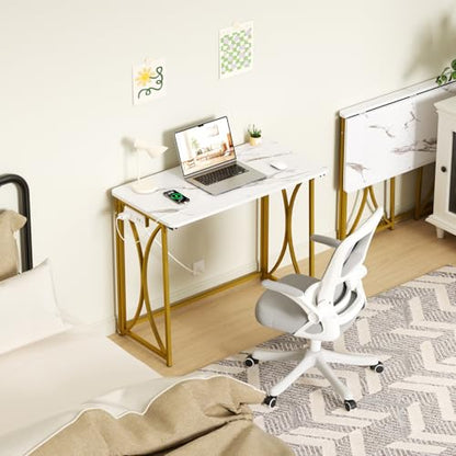 Folding Desk, 31.5" Small Desk for Bedroom with Power Outlet, Space Saving Foldable Computer Desk for Home Office, Easy Assembly, White and Gold - size: medium size02