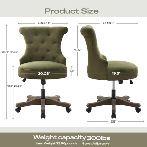 HUIMO Home Office Chair Upholstered Armless Swivel Desk Chair with Wheels | Adjustable Height Computer Desk Chair with Wooden Legs linen Comfortable Swivel Chairs for Farmhouse Study Studio Green - color: Green