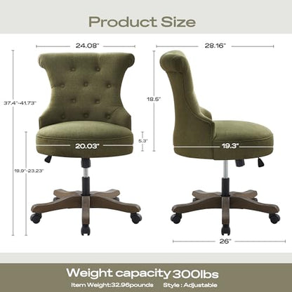 HUIMO Home Office Chair Upholstered Armless Swivel Desk Chair with Wheels | Adjustable Height Computer Desk Chair with Wooden Legs linen Comfortable Swivel Chairs for Farmhouse Study Studio Green - color: Green